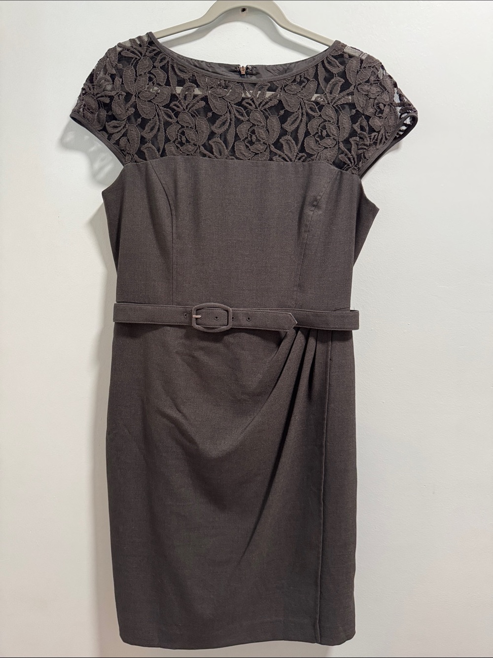 Jones Wear Grey Lace Yoke Belted Sheath Midi Dress